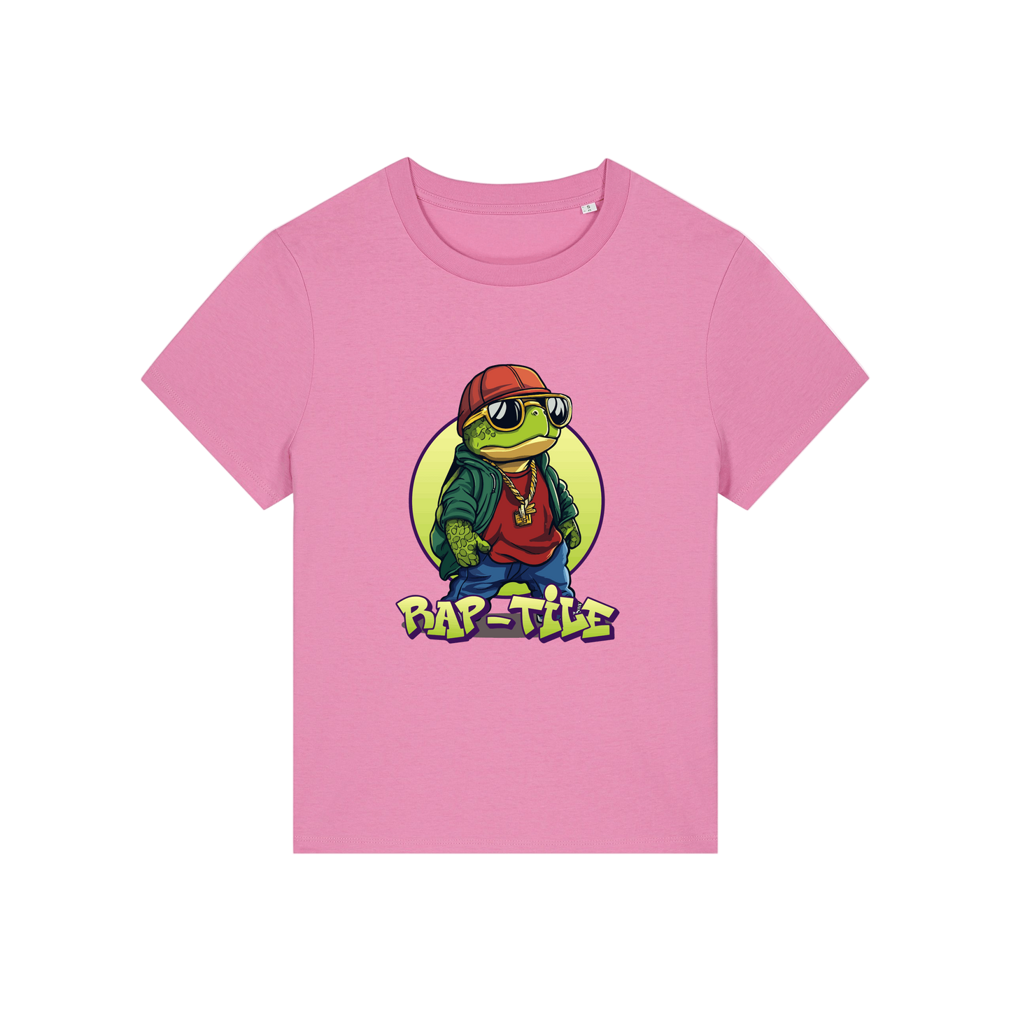 pink funny animal t-shirt with the graphic of a turtle dressed like a rapper and the slogan 'raptile'