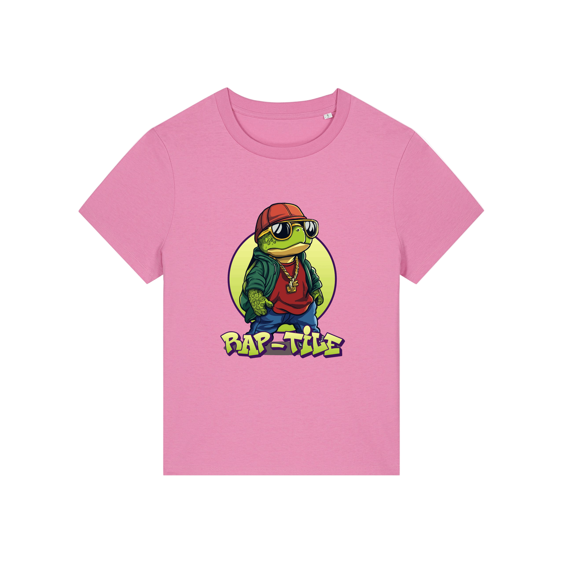 pink funny animal t-shirt with the graphic of a turtle dressed like a rapper and the slogan 'raptile'