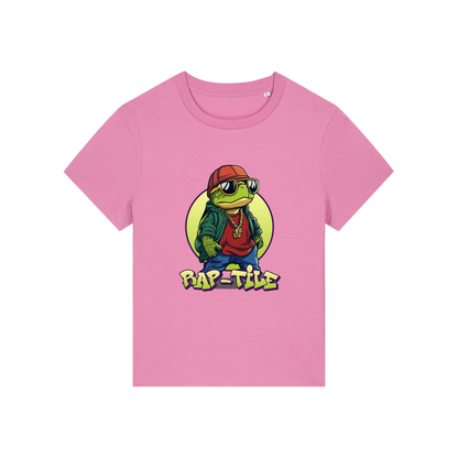 pink funny animal t-shirt with the graphic of a turtle dressed like a rapper and the slogan 'raptile'