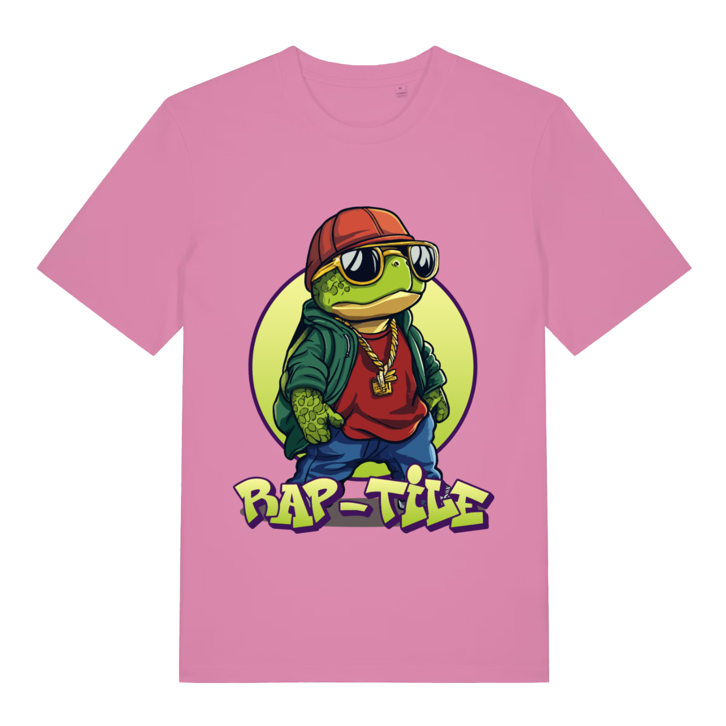 Pink Rap-Tile ladies funny graphic t-shirt with vibrant turtle rapper illustration  