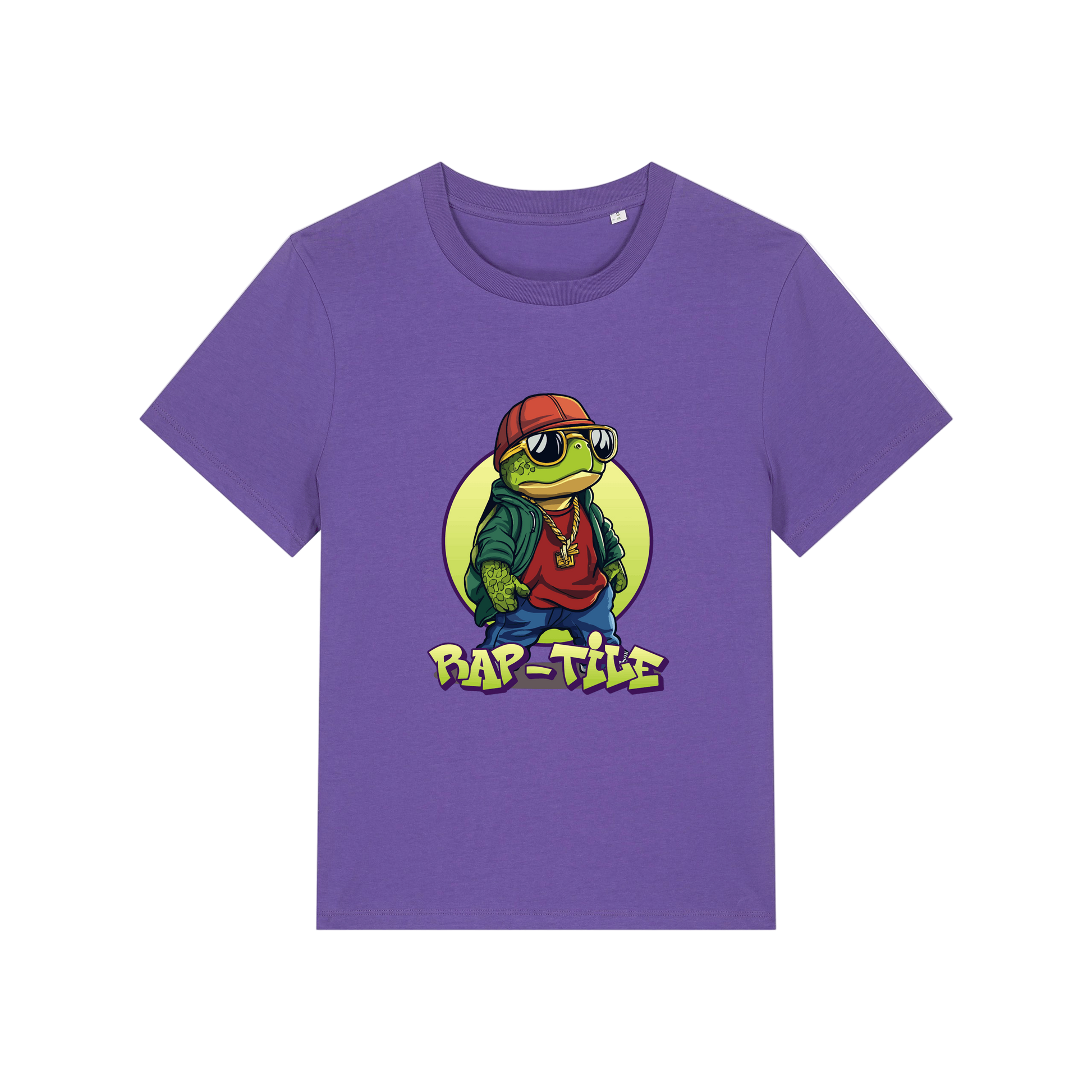 purple funny animal t-shirt with the graphic of a turtle dressed like a rapper and the slogan 'raptile'