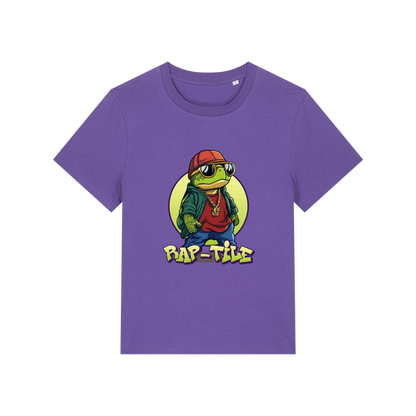 purple funny animal t-shirt with the graphic of a turtle dressed like a rapper and the slogan 'raptile'