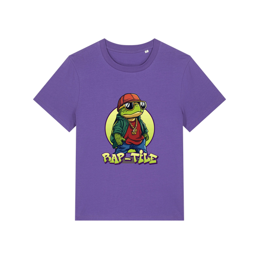 purple funny animal t-shirt with the graphic of a turtle dressed like a rapper and the slogan 'raptile'