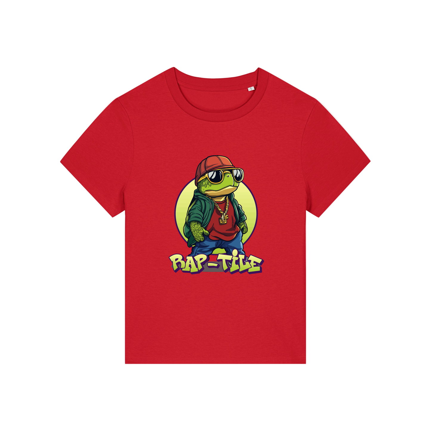 red funny animal t-shirt with the graphic of a turtle dressed like a rapper and the slogan 'raptile'