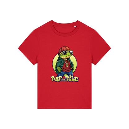red funny animal t-shirt with the graphic of a turtle dressed like a rapper and the slogan 'raptile'