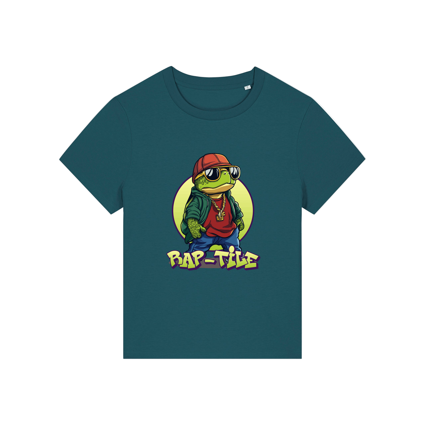 teal funny animal t-shirt with the graphic of a turtle dressed like a rapper and the slogan 'raptile'