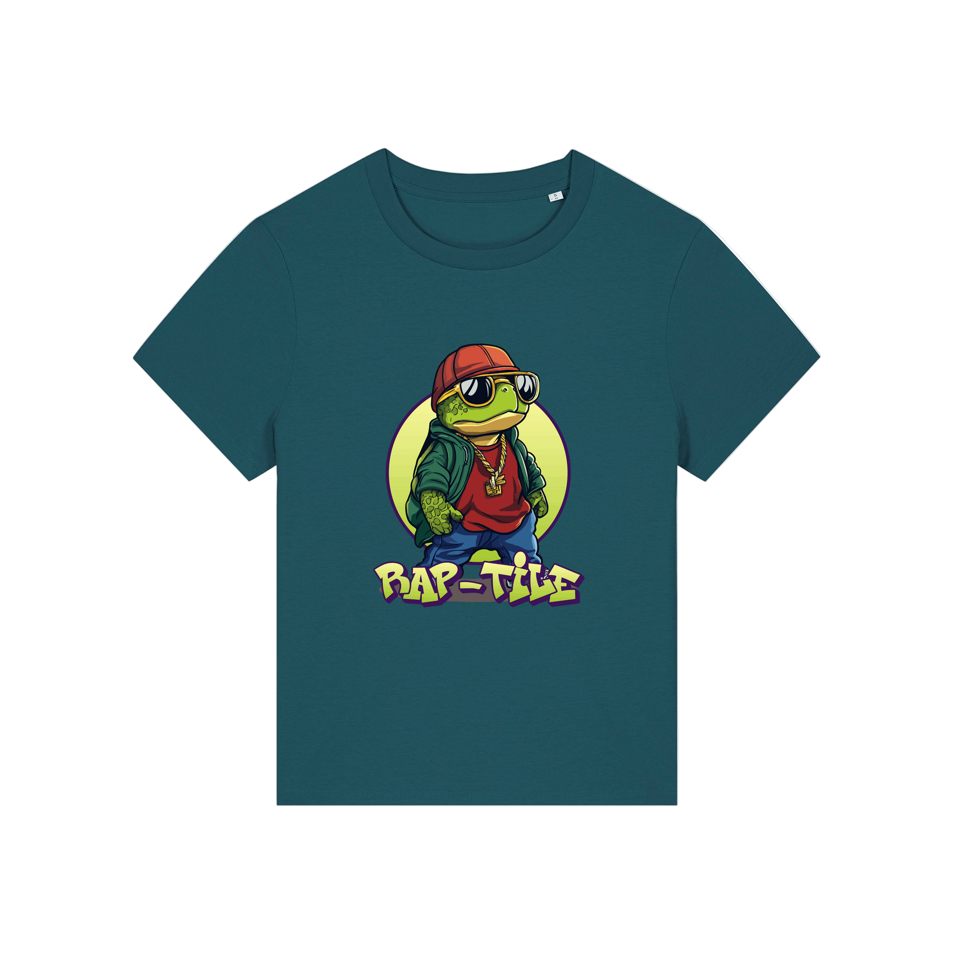 teal funny animal t-shirt with the graphic of a turtle dressed like a rapper and the slogan 'raptile'