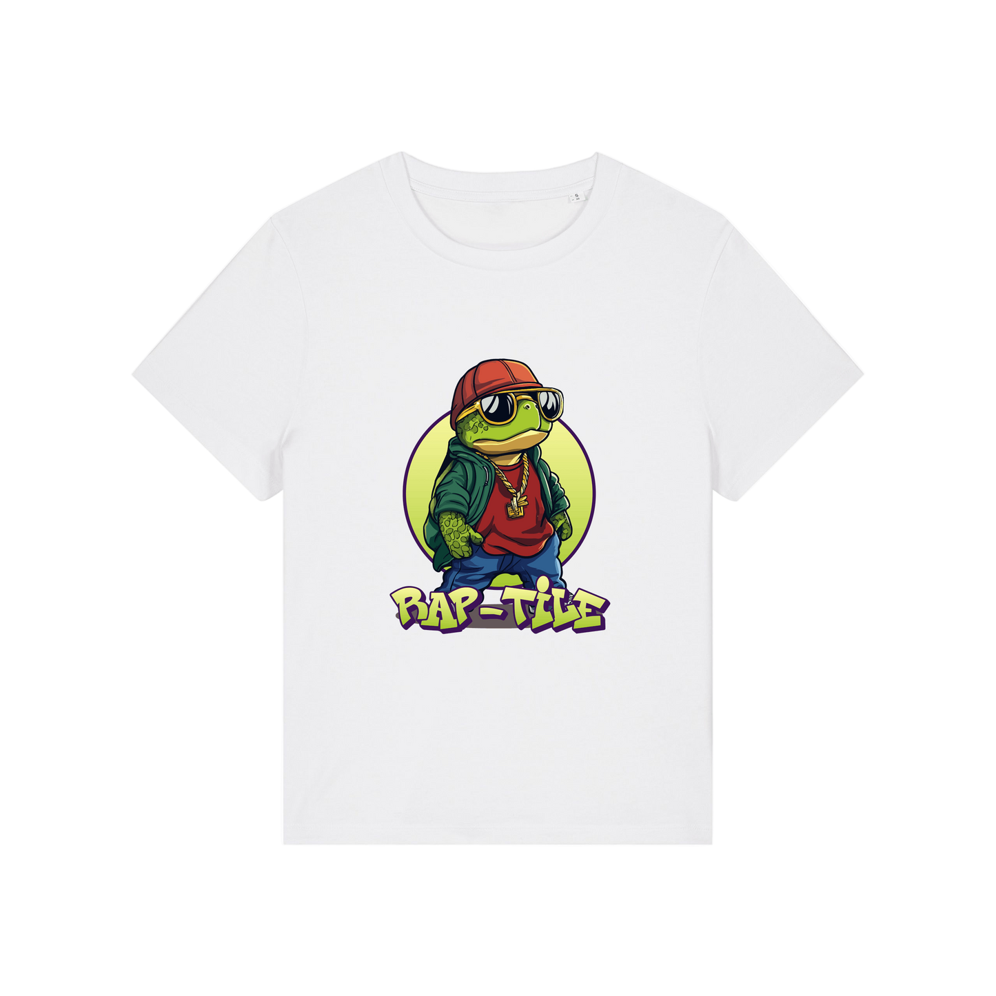 white funny animal t-shirt with the graphic of a turtle dressed like a rapper and the slogan 'raptile'
