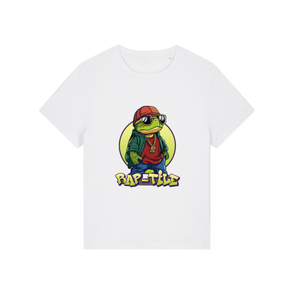 white funny animal t-shirt with the graphic of a turtle dressed like a rapper and the slogan 'raptile'