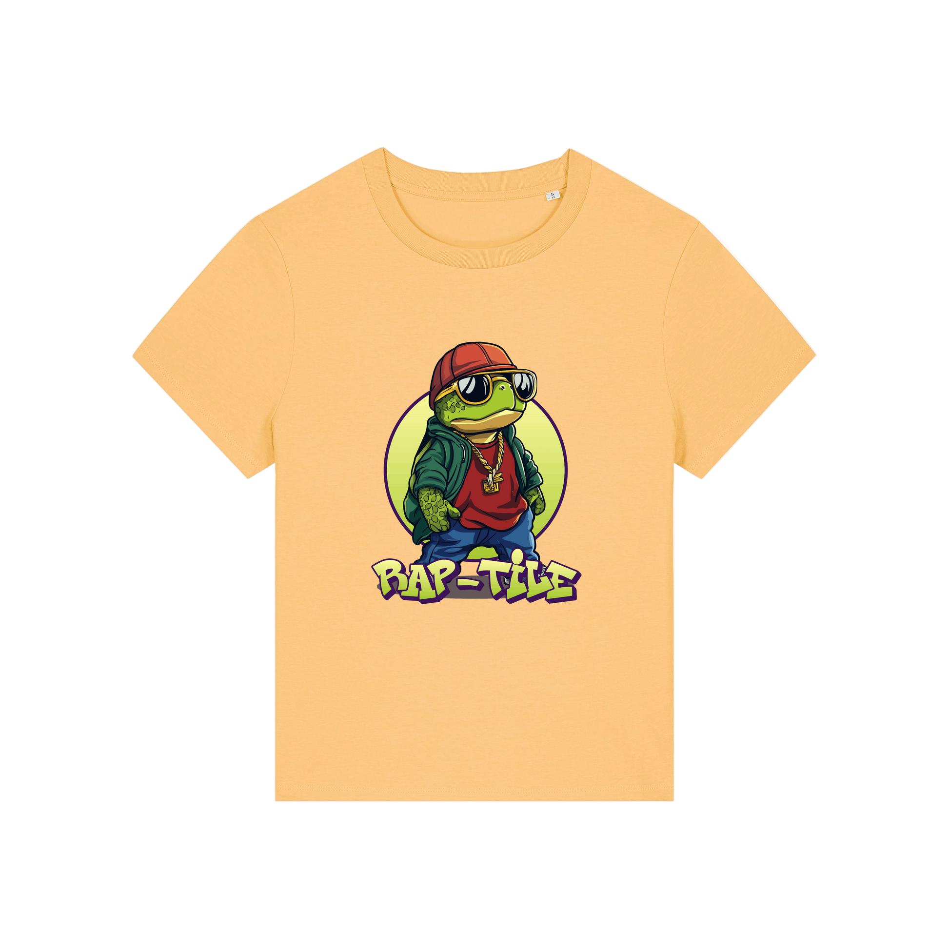 yellow funny animal t-shirt with the graphic of a turtle dressed like a rapper and the slogan 'raptile'