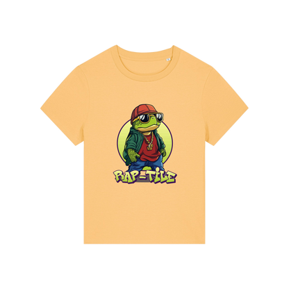 yellow funny animal t-shirt with the graphic of a turtle dressed like a rapper and the slogan 'raptile'