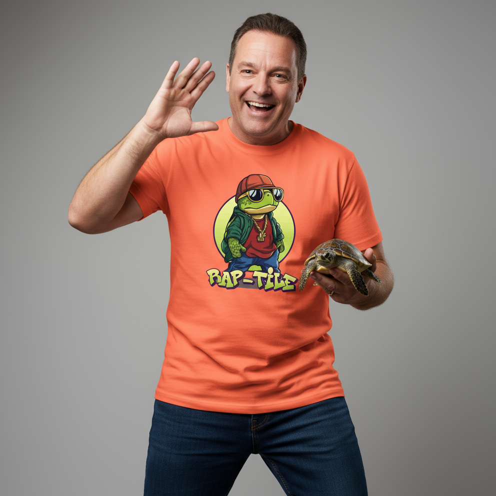 Man wearing an orange t-shirt with a graphic of a turtle and text, holding a small turtle, on a gray background.