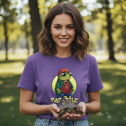 Woman wearing a purple t-shirt with a graphic of a frog wearing sunglasses and a hat, holding a turtle in a park.