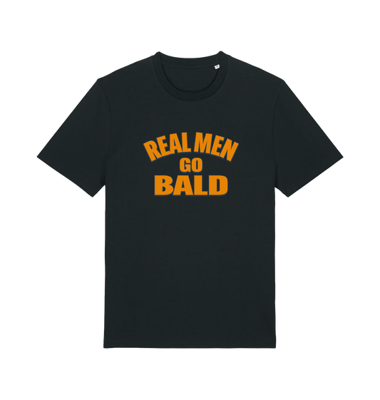 black funny dad t-shirt with the slogan 'real men go bald'