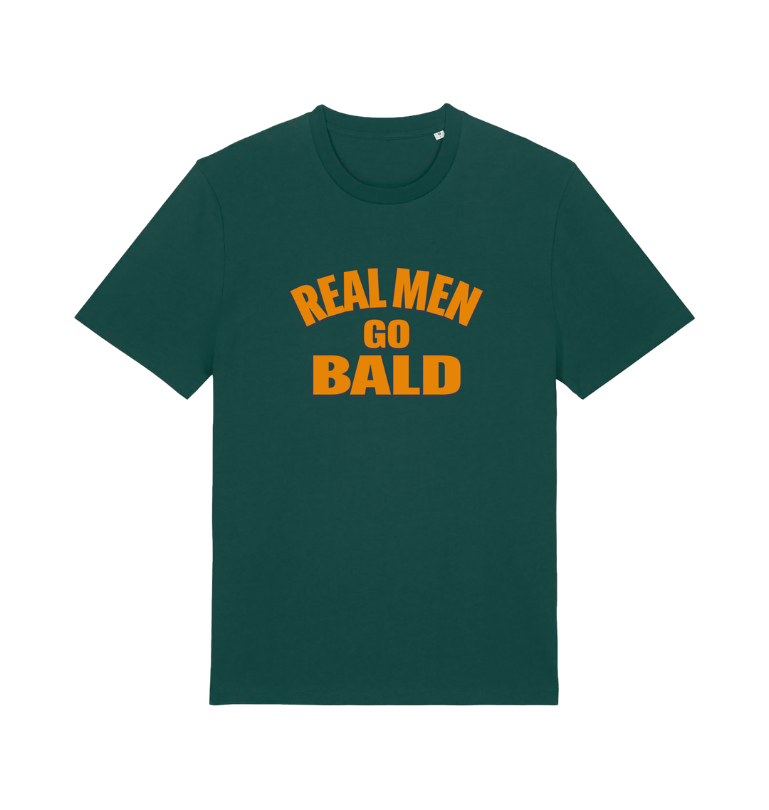 green funny dad t-shirt with the slogan 'real men go bald'