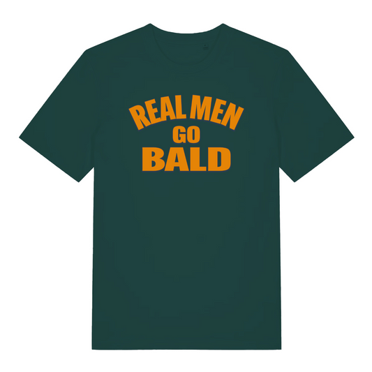 green funny slogan t-shirt with the text 'real men go bald'
