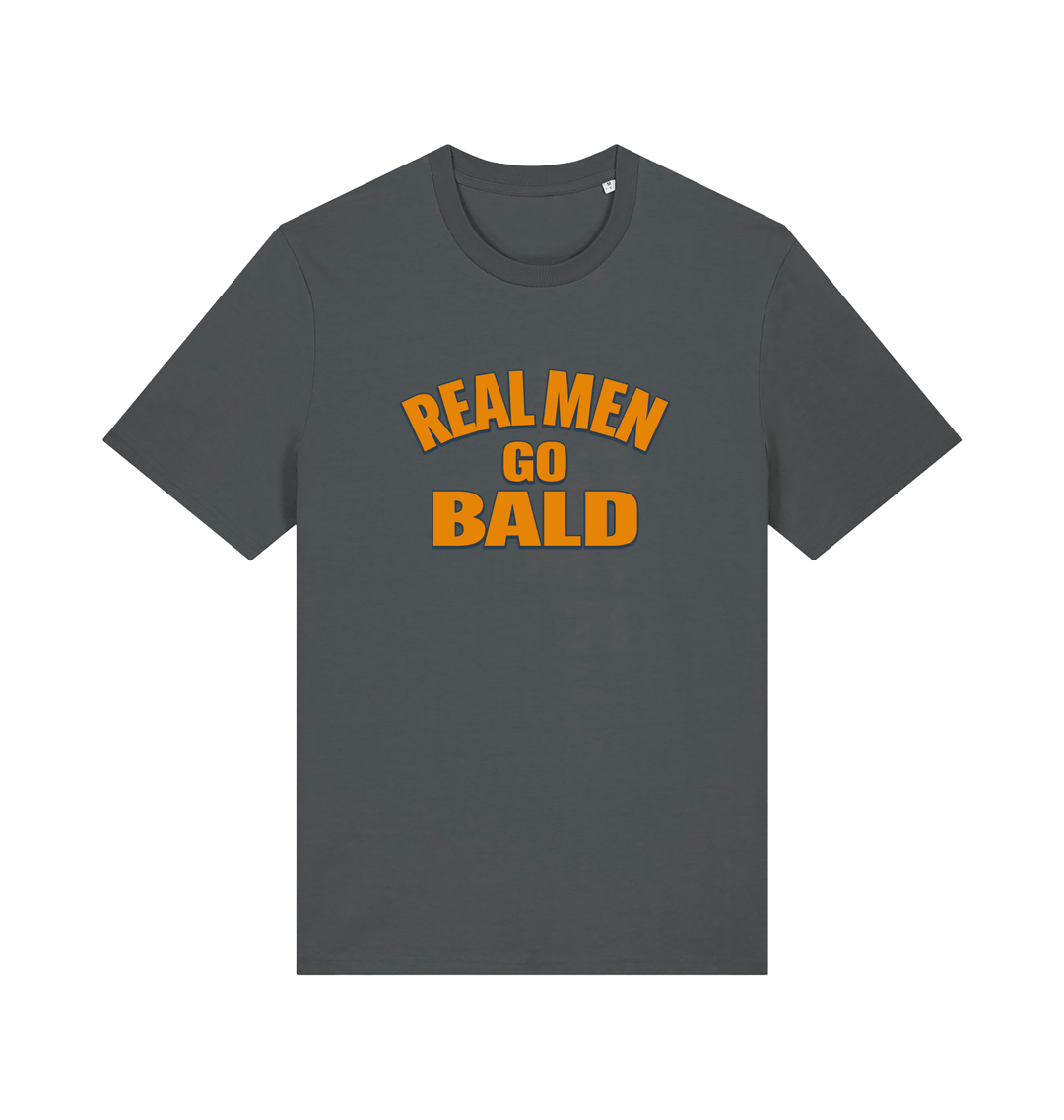 grey funny dad t-shirt with the slogan 'real men go bald'