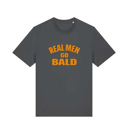 grey funny dad t-shirt with the slogan 'real men go bald'