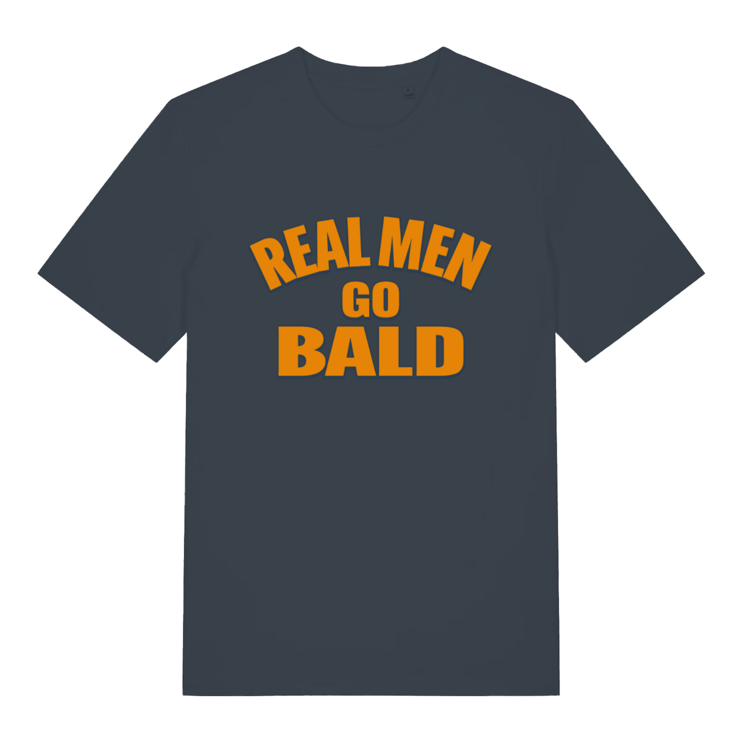 Ink grey Real Men Go Bald funny slogan t-shirt with classic bald statement lettering  