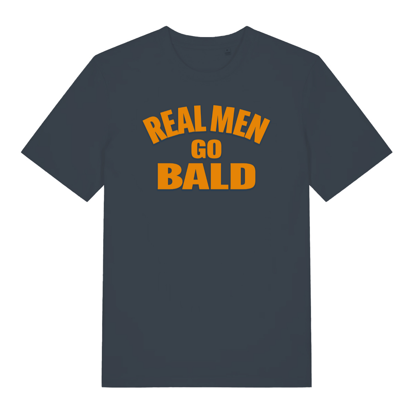 ink grey funny slogan t-shirt with the text 'real men go bald'