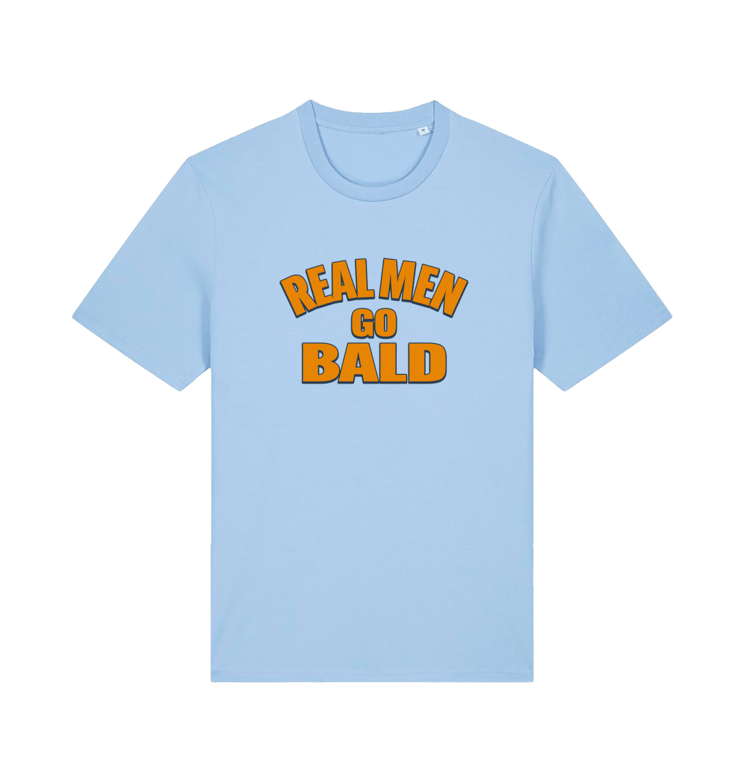 light blue funny dad t-shirt with the slogan 'real men go bald'