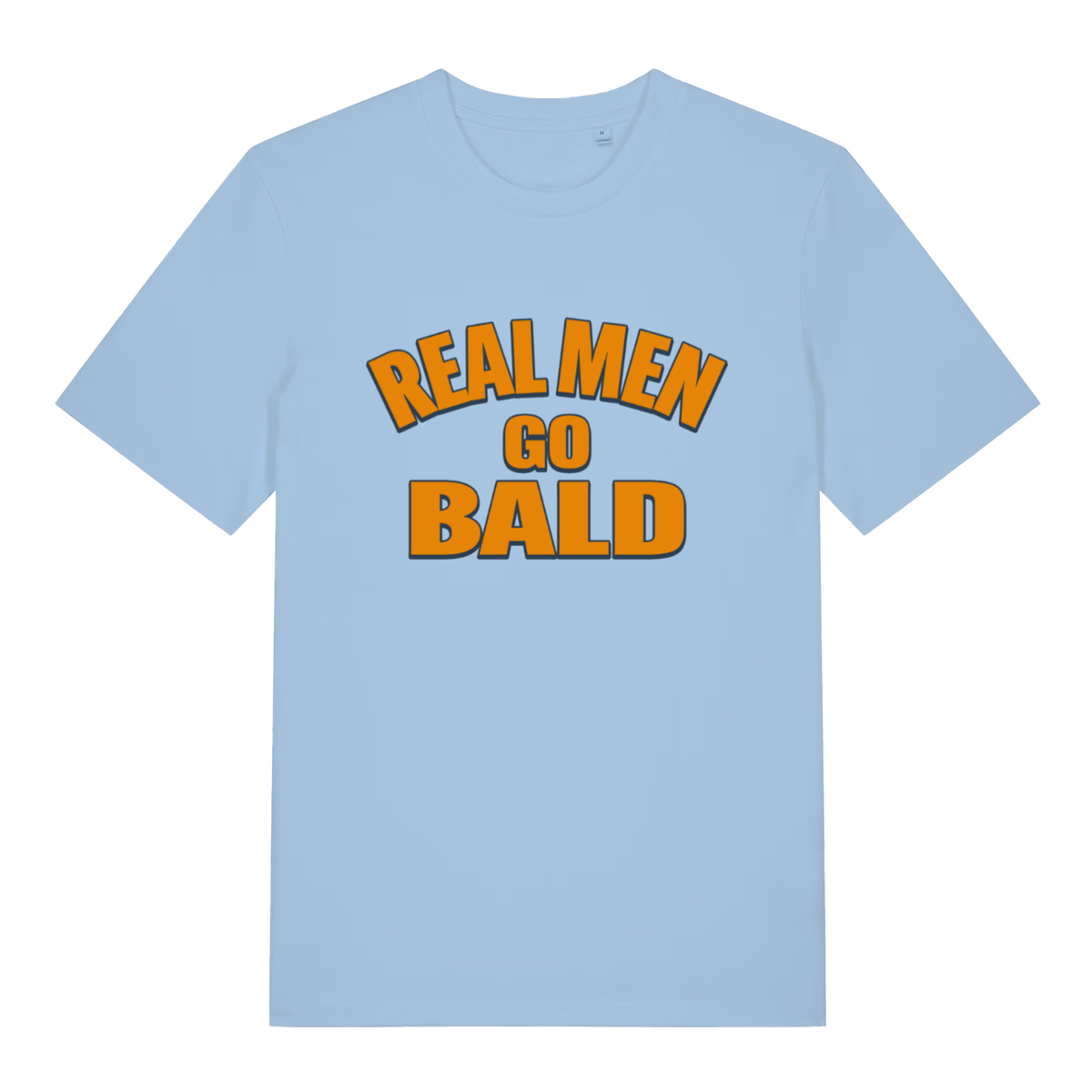 Light blue Real Men Go Bald funny slogan t-shirt showing witty bald pride graphic  