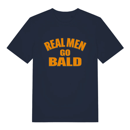 Navy Real Men Go Bald funny slogan t-shirt with vibrant orange text design  