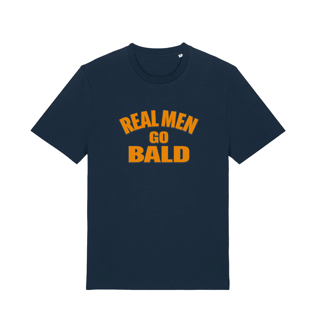 navy funny dad t-shirt with the slogan 'real men go bald'