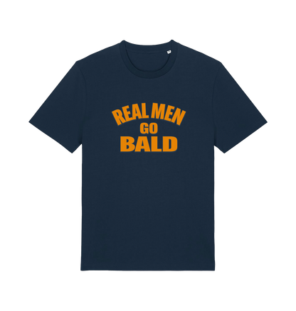 navy funny dad t-shirt with the slogan 'real men go bald'