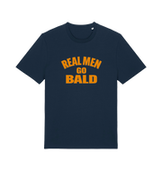 navy funny dad t-shirt with the slogan 'real men go bald'