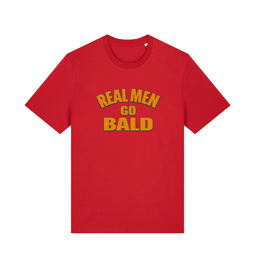 red funny dad t-shirt with the slogan 'real men go bald'