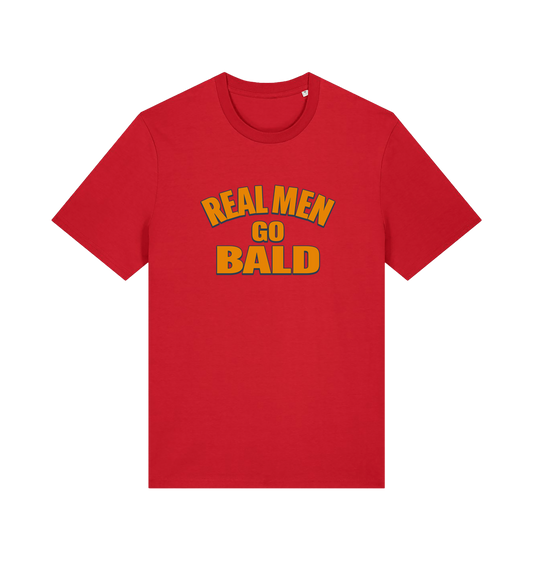 red funny dad t-shirt with the slogan 'real men go bald'