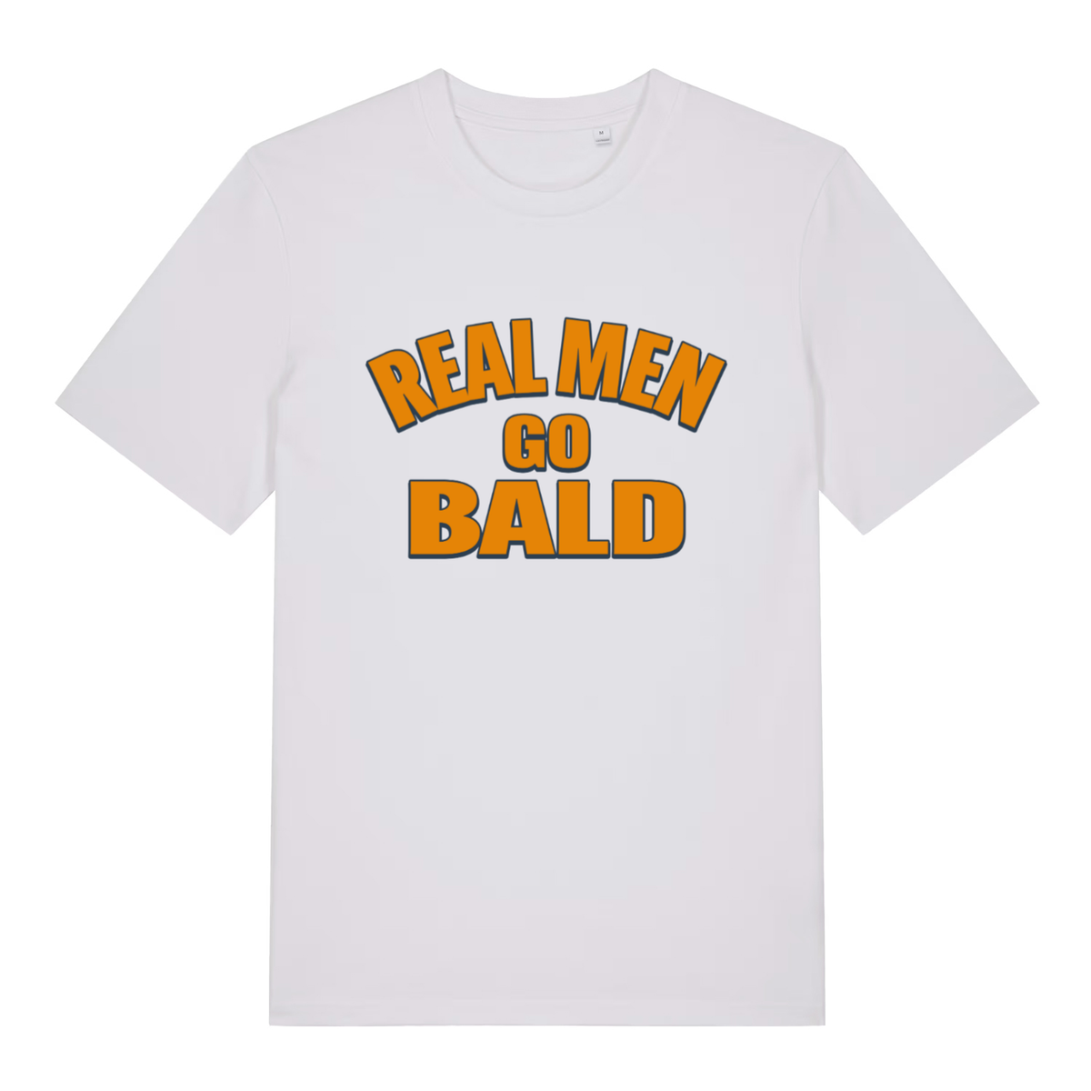 White Real Men Go Bald funny slogan t-shirt featuring ultimate bald confidence design  