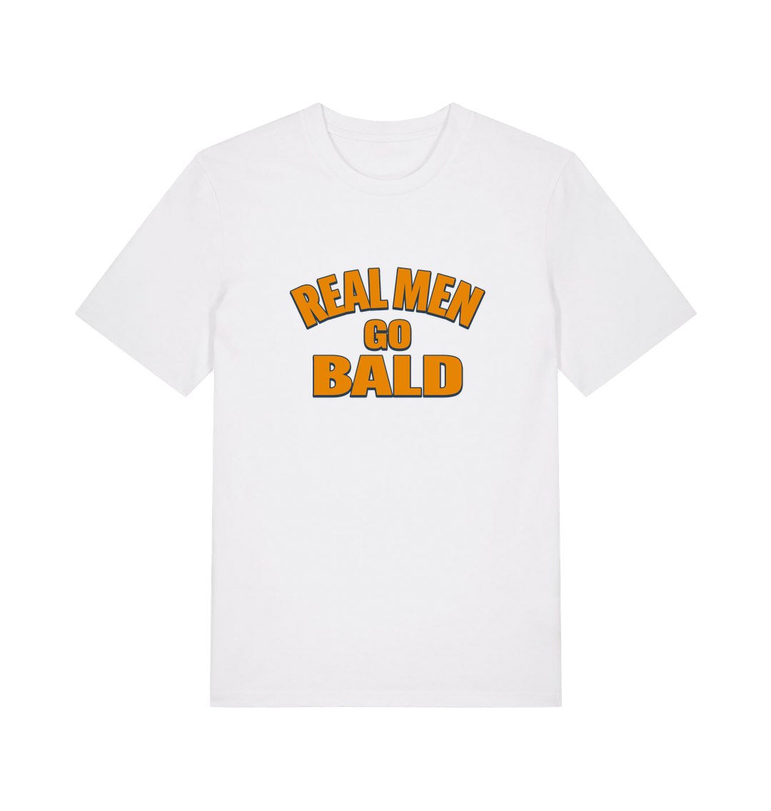 white funny dad t-shirt with the slogan 'real men go bald'