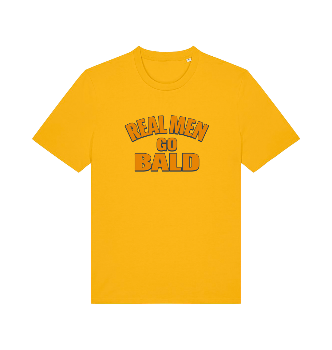 yellow funny dad t-shirt with the slogan 'real men go bald'