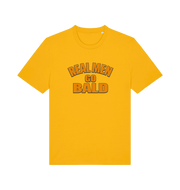 yellow funny dad t-shirt with the slogan 'real men go bald'