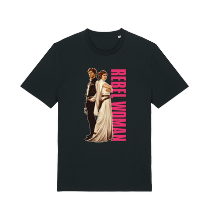 black geek t-shirt with the graphic of legendary jedi's and the slogan 'rebel woman'