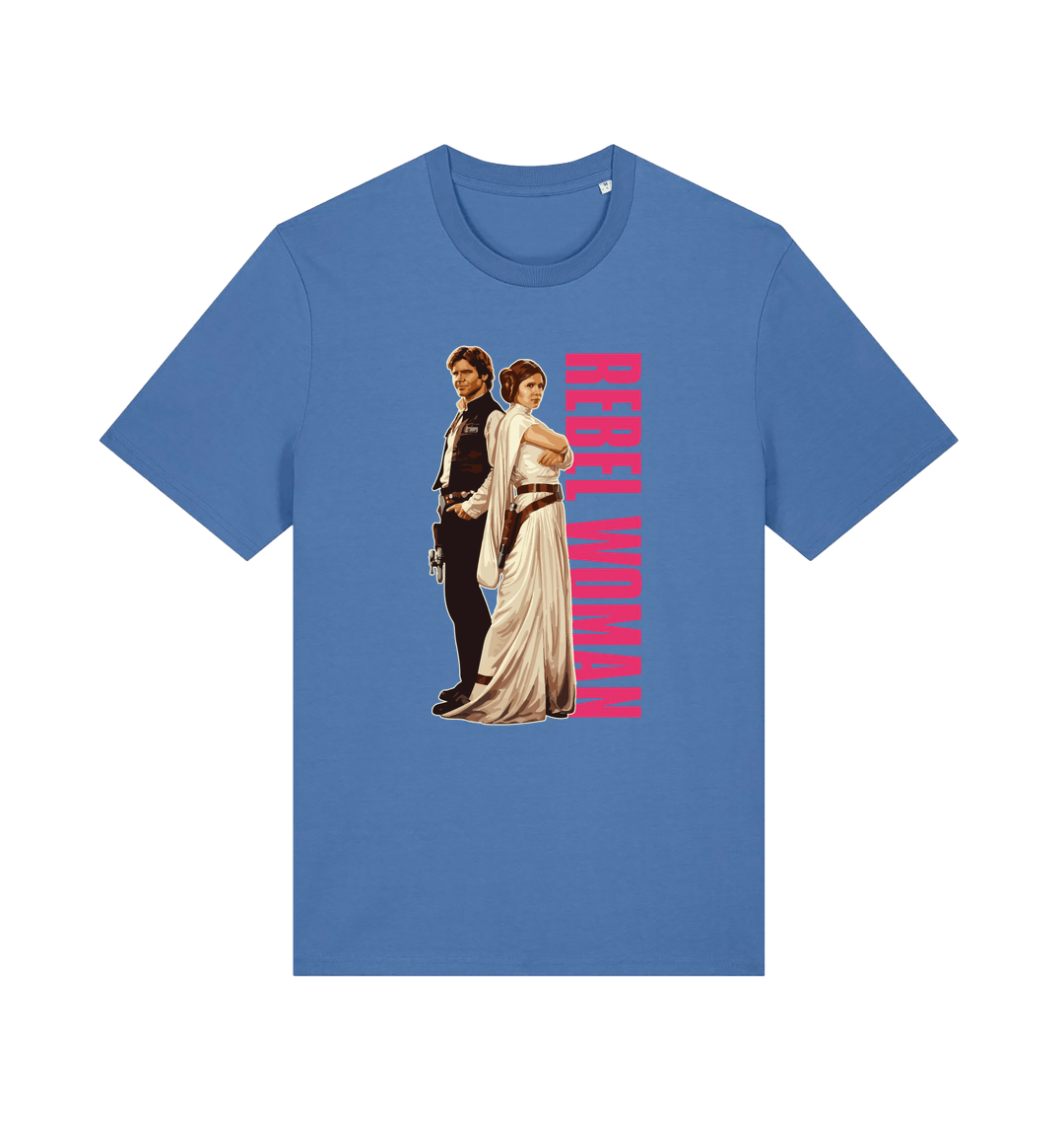 blue geek t-shirt with the graphic of legendary jedi's and the slogan 'rebel woman'