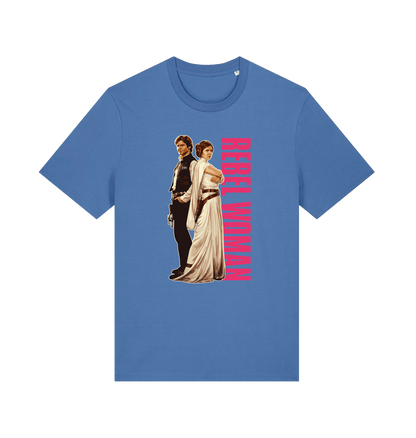 blue geek t-shirt with the graphic of legendary jedi's and the slogan 'rebel woman'