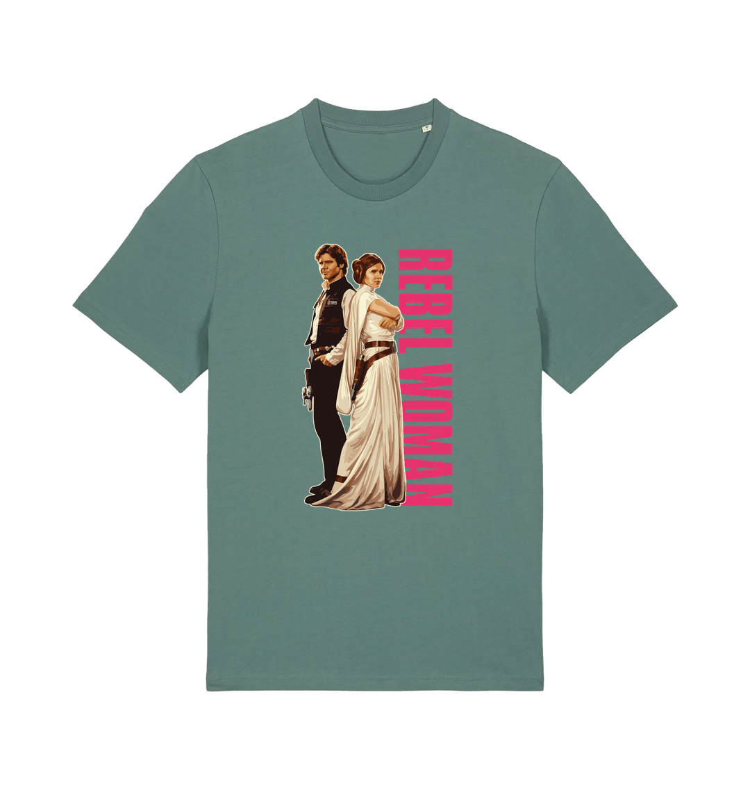 green geek t-shirt with the graphic of legendary jedi's and the slogan 'rebel woman'
