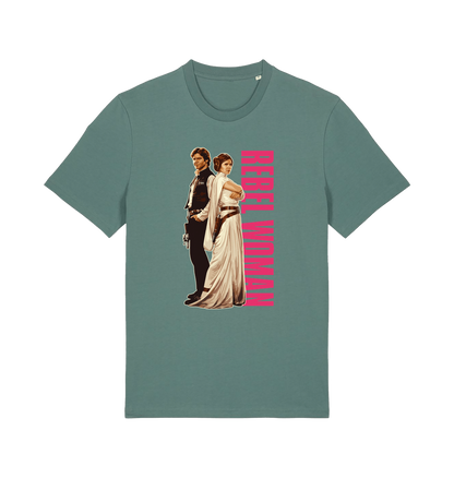 green geek t-shirt with the graphic of legendary jedi's and the slogan 'rebel woman'