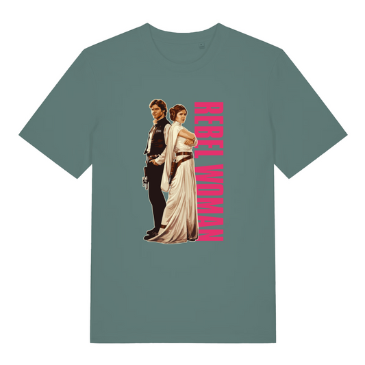 green geek t-shirt with the graphic of a jedi knight and a princess and the slogan 'rebel woman'