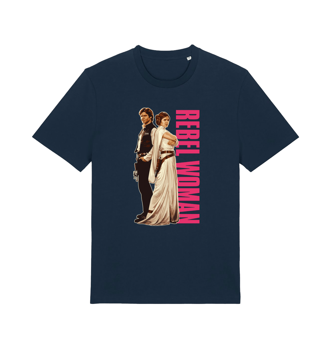 navy geek t-shirt with the graphic of legendary jedi's and the slogan 'rebel woman'
