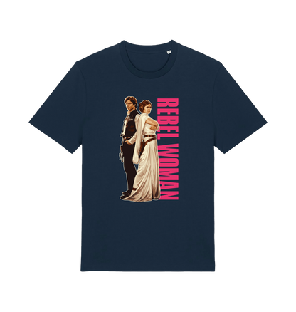 navy geek t-shirt with the graphic of legendary jedi's and the slogan 'rebel woman'