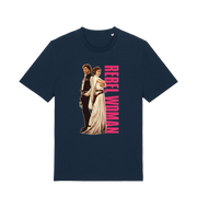 navy geek t-shirt with the graphic of legendary jedi's and the slogan 'rebel woman'