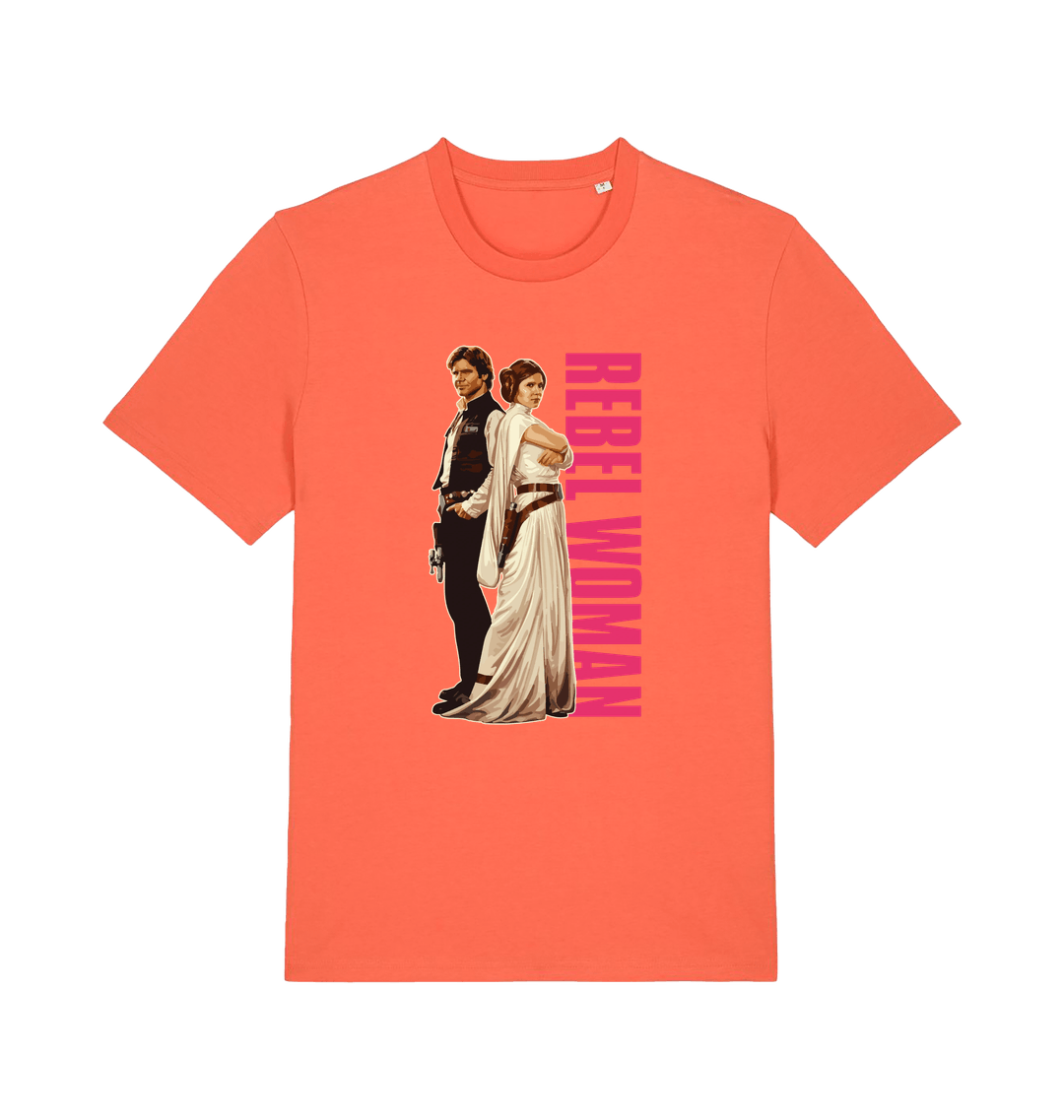 orange geek t-shirt with the graphic of legendary jedi's and the slogan 'rebel woman'