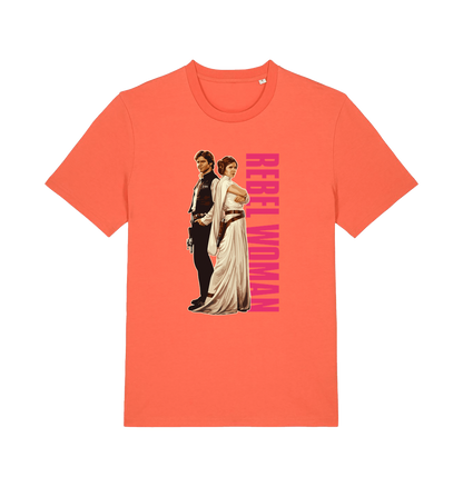 orange geek t-shirt with the graphic of legendary jedi's and the slogan 'rebel woman'