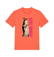 orange geek t-shirt with the graphic of legendary jedi's and the slogan 'rebel woman'