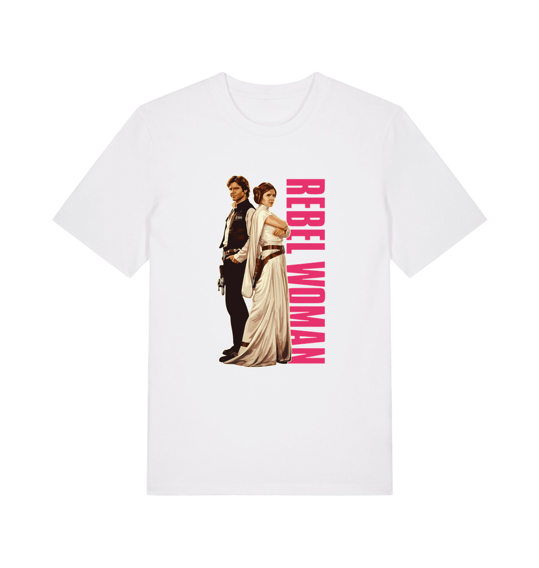 white geek t-shirt with the graphic of legendary jedi's and the slogan 'rebel woman'