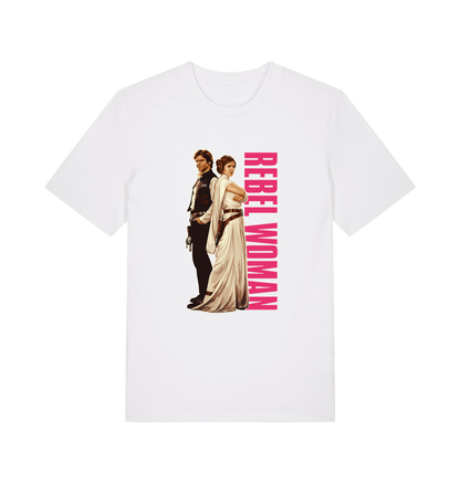 white geek t-shirt with the graphic of legendary jedi's and the slogan 'rebel woman'